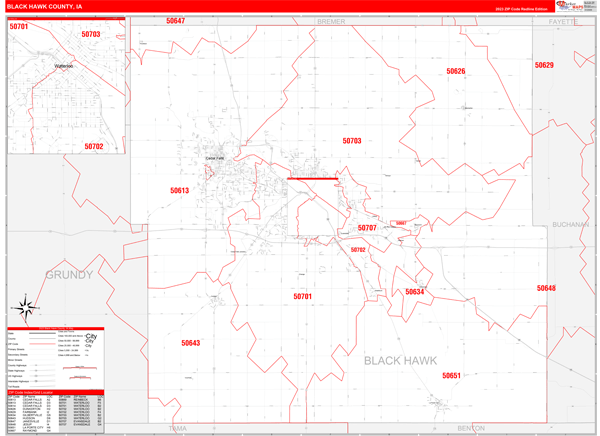 Black Hawk County, IA Zip Code Wall Map Red Line Style by MarketMAPS